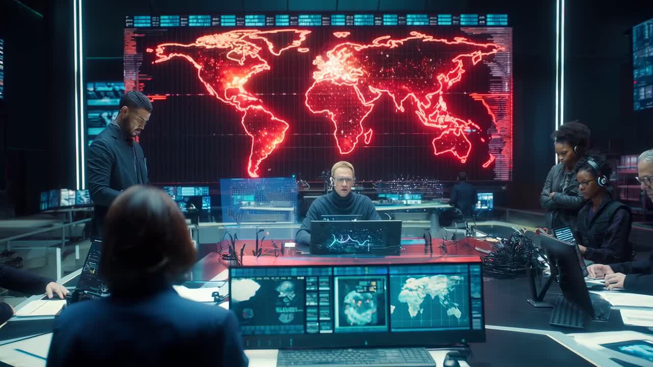 Diverse Team Working in High-Tech Control Room with Global Map Display