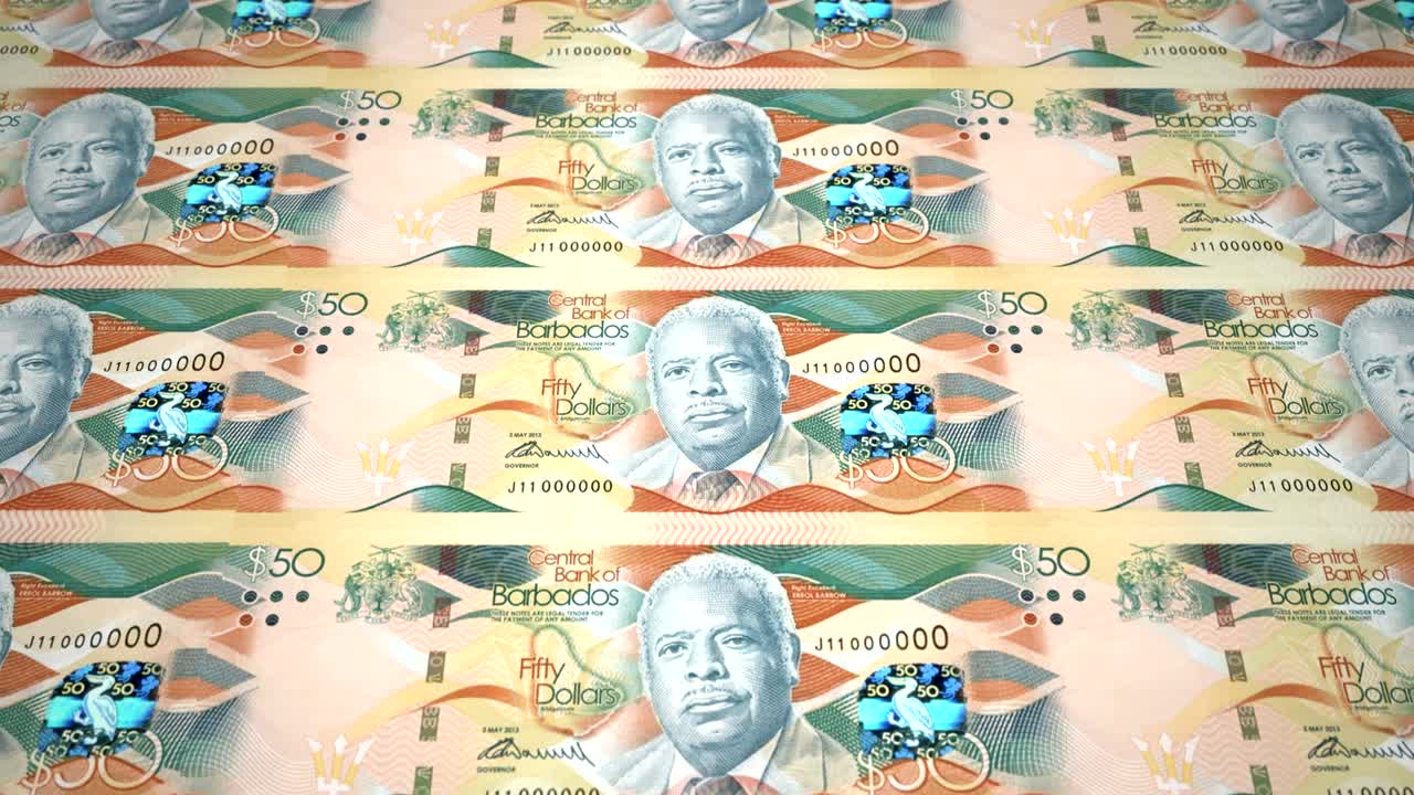 바르바도스 섬 은행의 50 달러 지폐가 화면에 굴러, 세계 동전, 현금, 루프