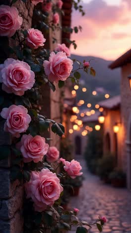 pink roses in a quaint evening alley