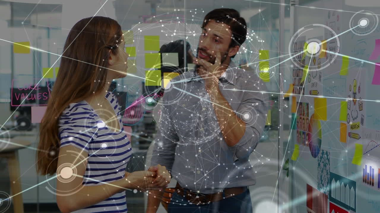 animación de la red de conexiones a través de la flecha usando auriculares vr