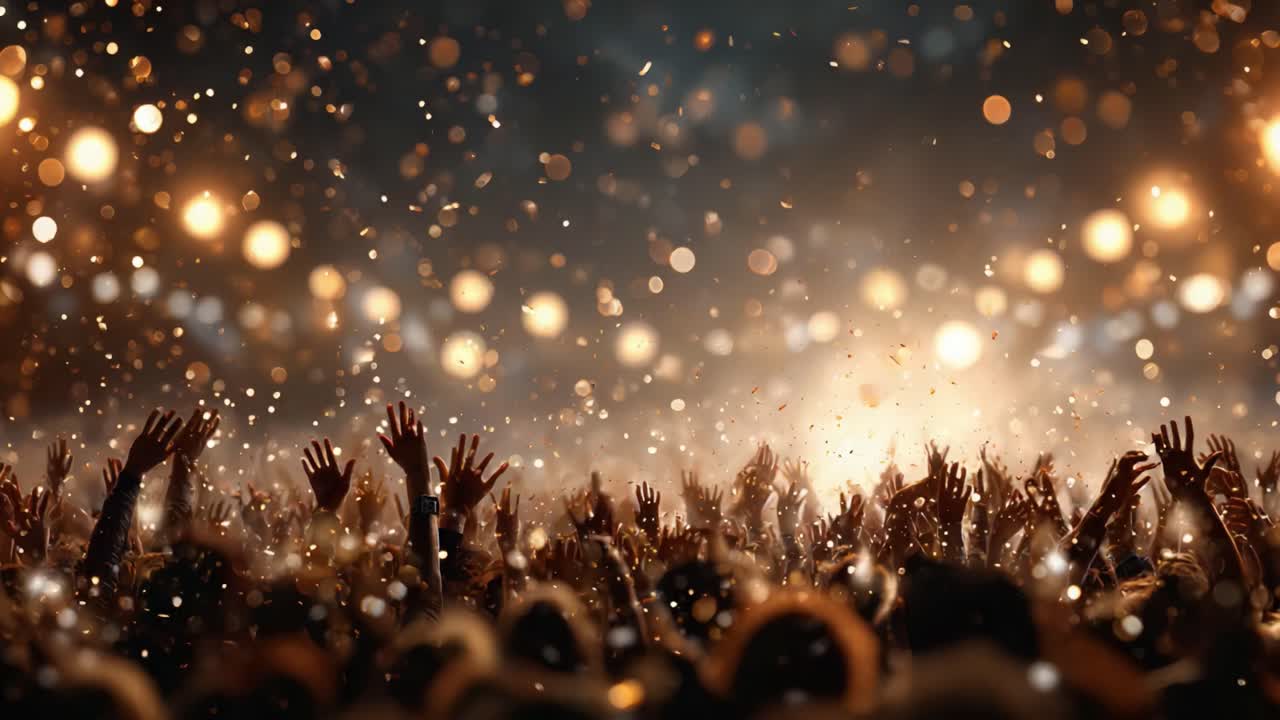 Un'affascinante scena di festa con mani entusiaste alzate tra la folla, illuminata da luci scintillanti e una gioiosa atmosfera durante un evento festivo