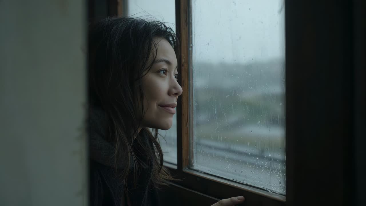 Mujer con abrigo oscuro observando gotas de lluvia en la ventana, apoyada en el alféizar de madera, sonriendo, espacio para texto.