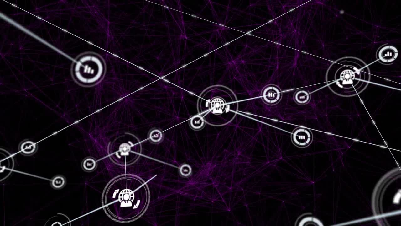 Animation of network of connections with icons over black background