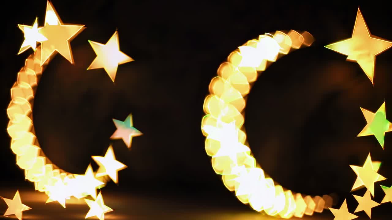 Creating a captivating scene with blurred lights forming a crescent moon and shimmering stars against a dark night sky, enhancing the enchanting atmosphere for Ramadan celebrations