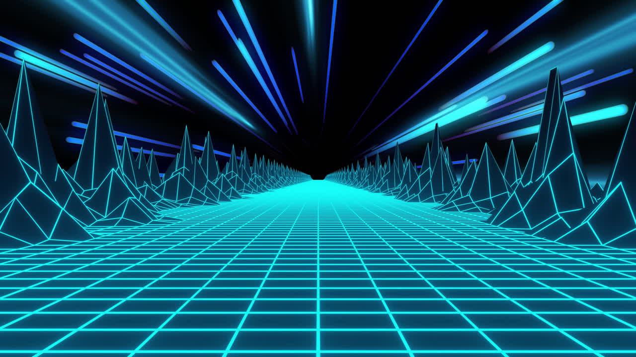 paisaje de cuadrícula de neón con líneas brillantes y formas geométricas, animación futurista