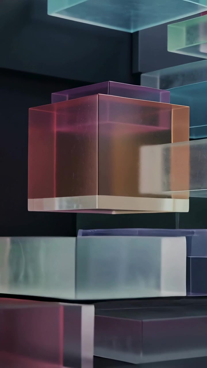 Vertikal video: Forskydning af stablede prismer og terninger i et mørkt studie, mens plader kommer ind og danner en varm terning.