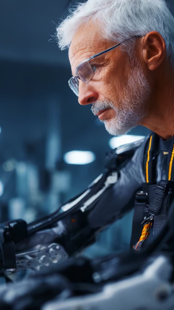Een geconcentreerde oudere ingenieur onderzoekt geavanceerde robottechnologie en laat de kruising zien van menselijk intellect en machineverbetering in een futuristische laboratoriumomgeving