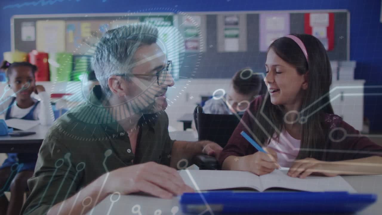 Leaning glasses-clad teacher guiding girl writing in workbook at school, pencil and digital overlay