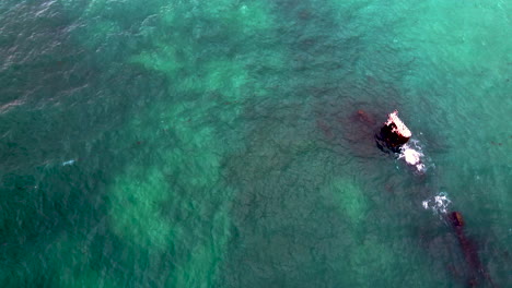 Reverse-birds-eye-view-of-a-shipwreck-in-Alkimos,-Perth