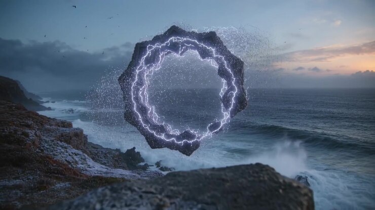 Surreal Floating Stone Ring with Electric Energy Over Ocean Coastline