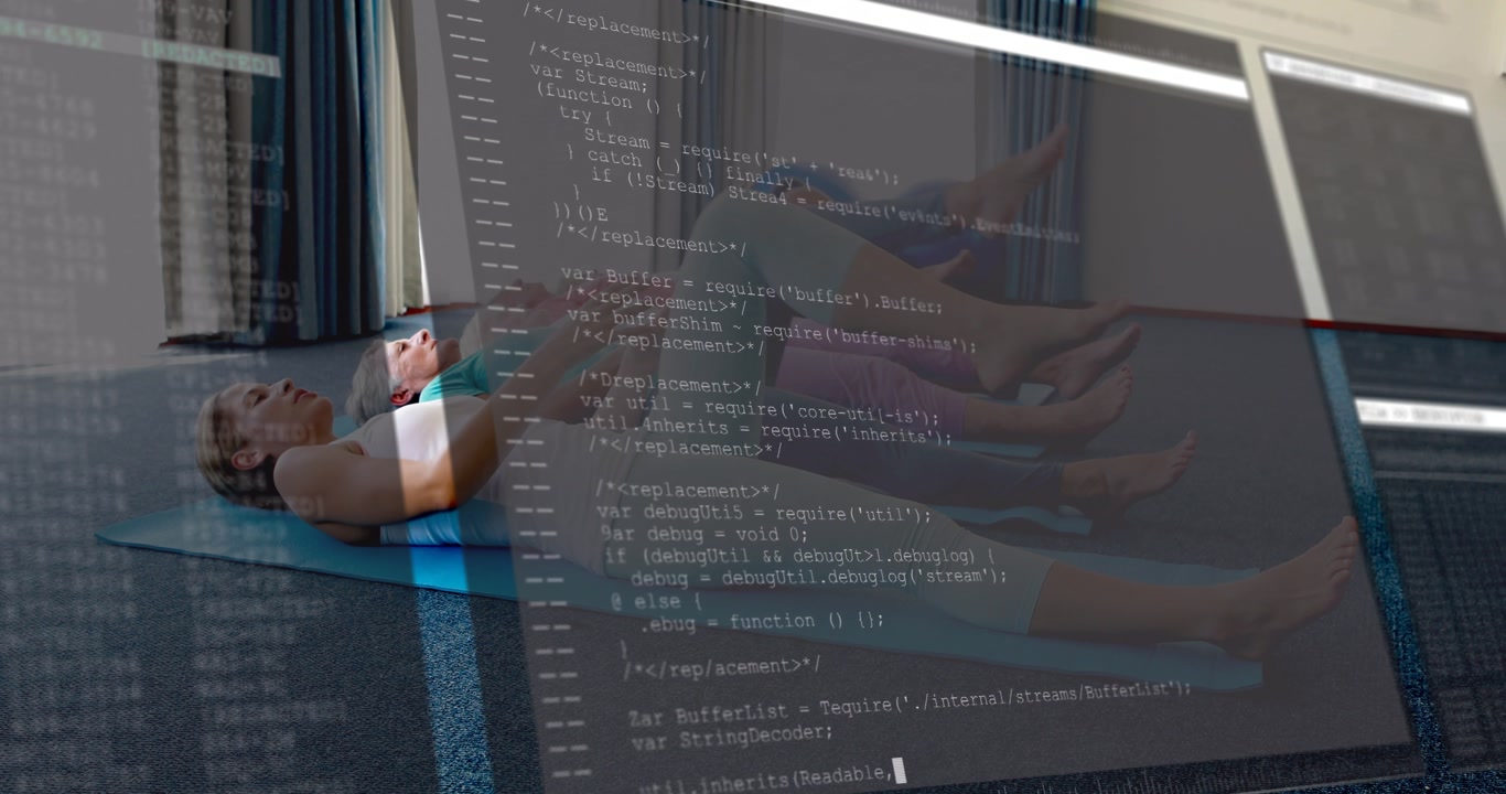 Group lying in gym, code overlay appearing, vanishing on instructor cue causing knee-chest stretch