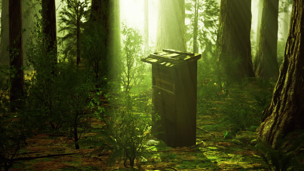 Wooden structure stands in a vibrant forest filled with lush greenery