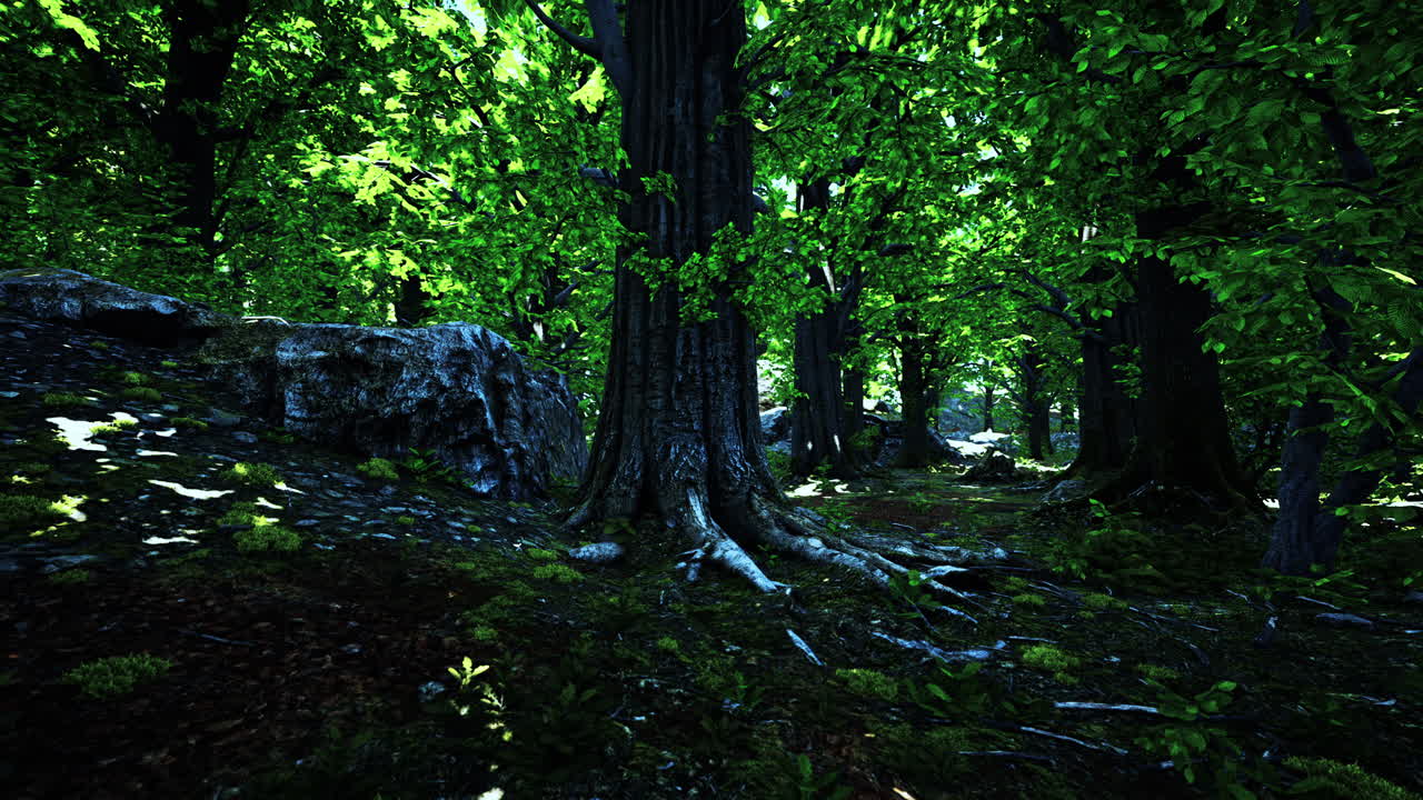 una escena de bosque de musgo mágico y pacífico