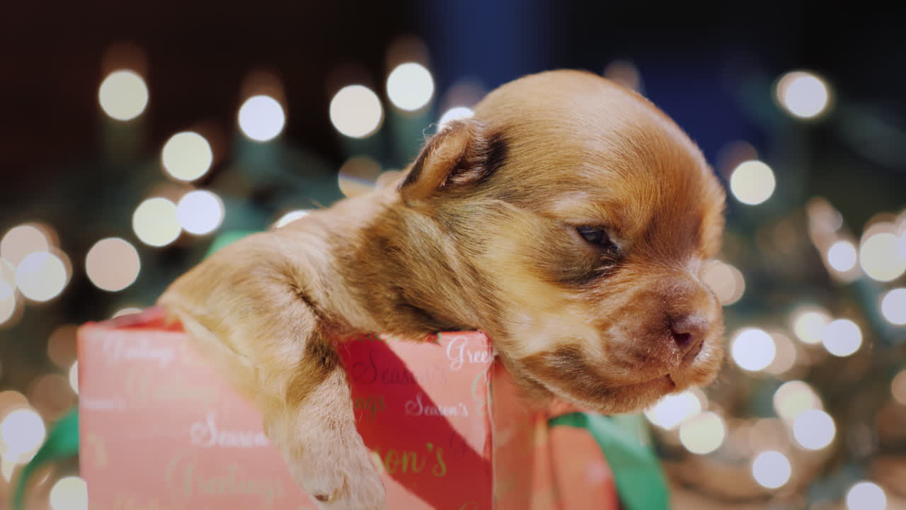 흐릿한 화환 조명의 배경에 대해 선물 상자에 있는 작은 졸린 강아지