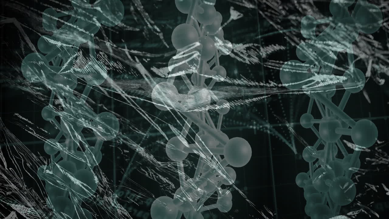 Molecular structures and scientific data processing animation over dark background