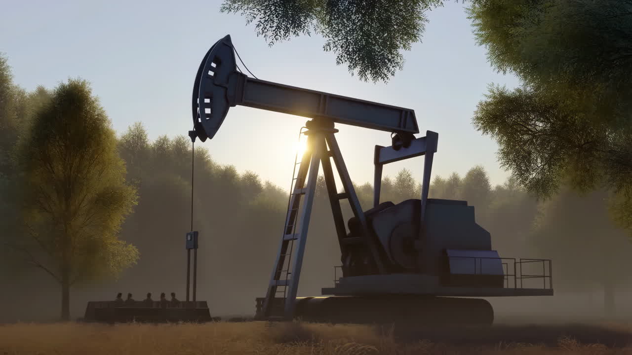 Oil Pumpjack Silhouetted Against a Misty Sunrise or Sunset