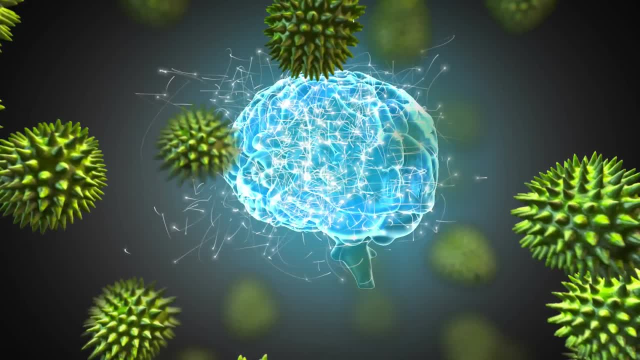 Animation af svævende virusceller over en digital menneskehjerne.