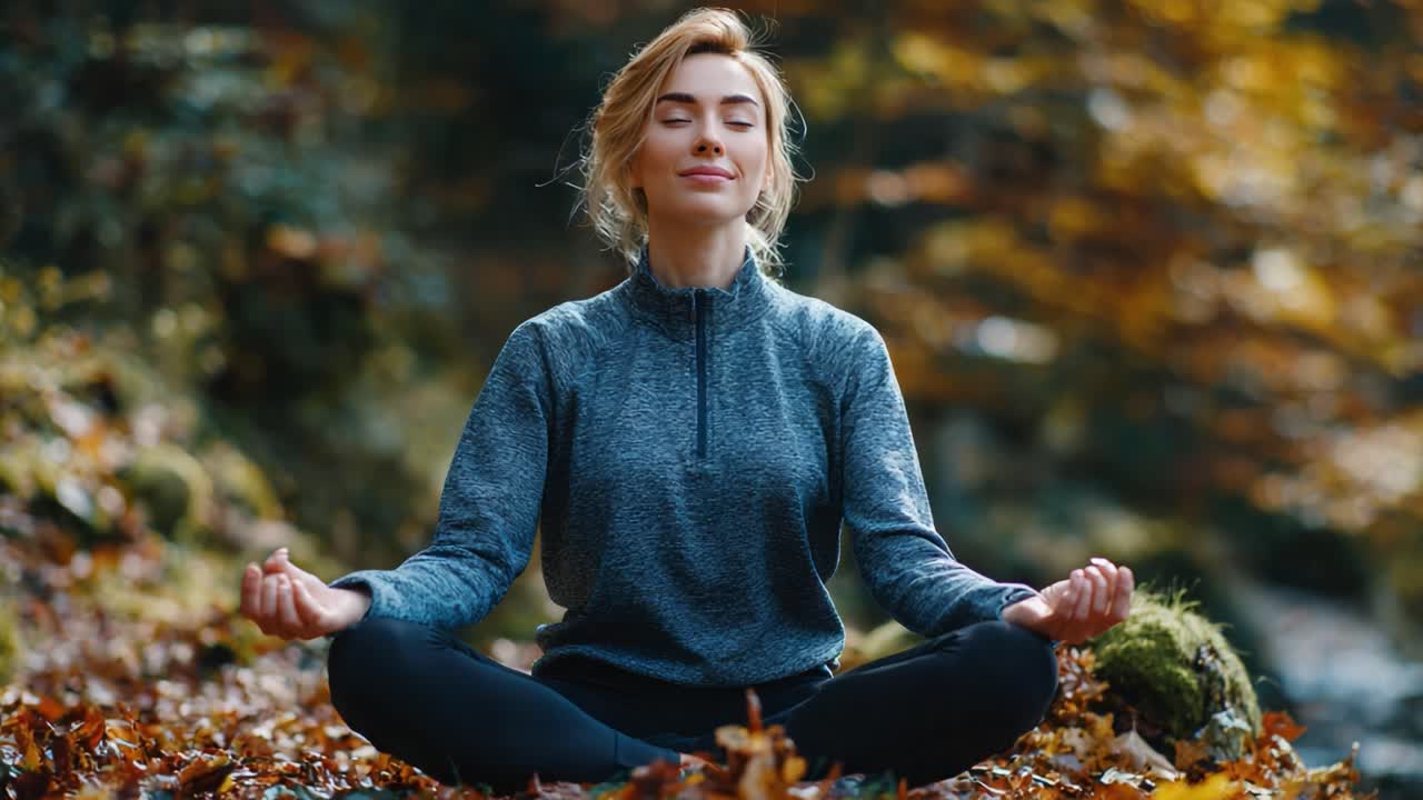 A Serene Moment of Mindfulness: A Woman Practicing Meditation Amidst Colorful Autumn Foliage, Embracing Nature and Inner Peace