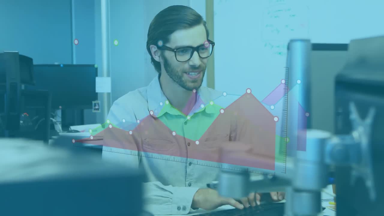 animación del procesamiento de datos financieros sobre el empresario que trabaja en la oficina