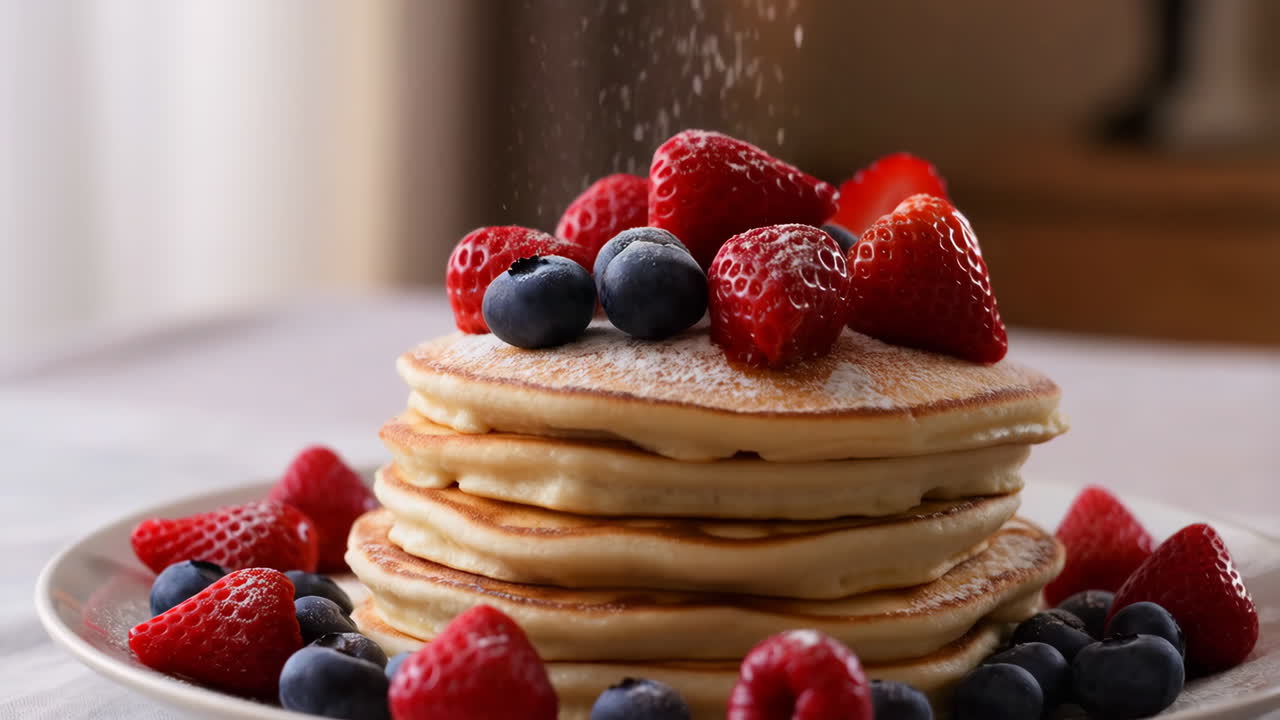 Stack of Pancakes with Fresh Berries and Powdered Sugar