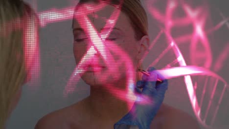 animation of dna with woman in a clinic in background