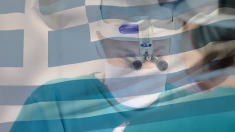 animation of flag of greece waving over surgeons in operating theatre