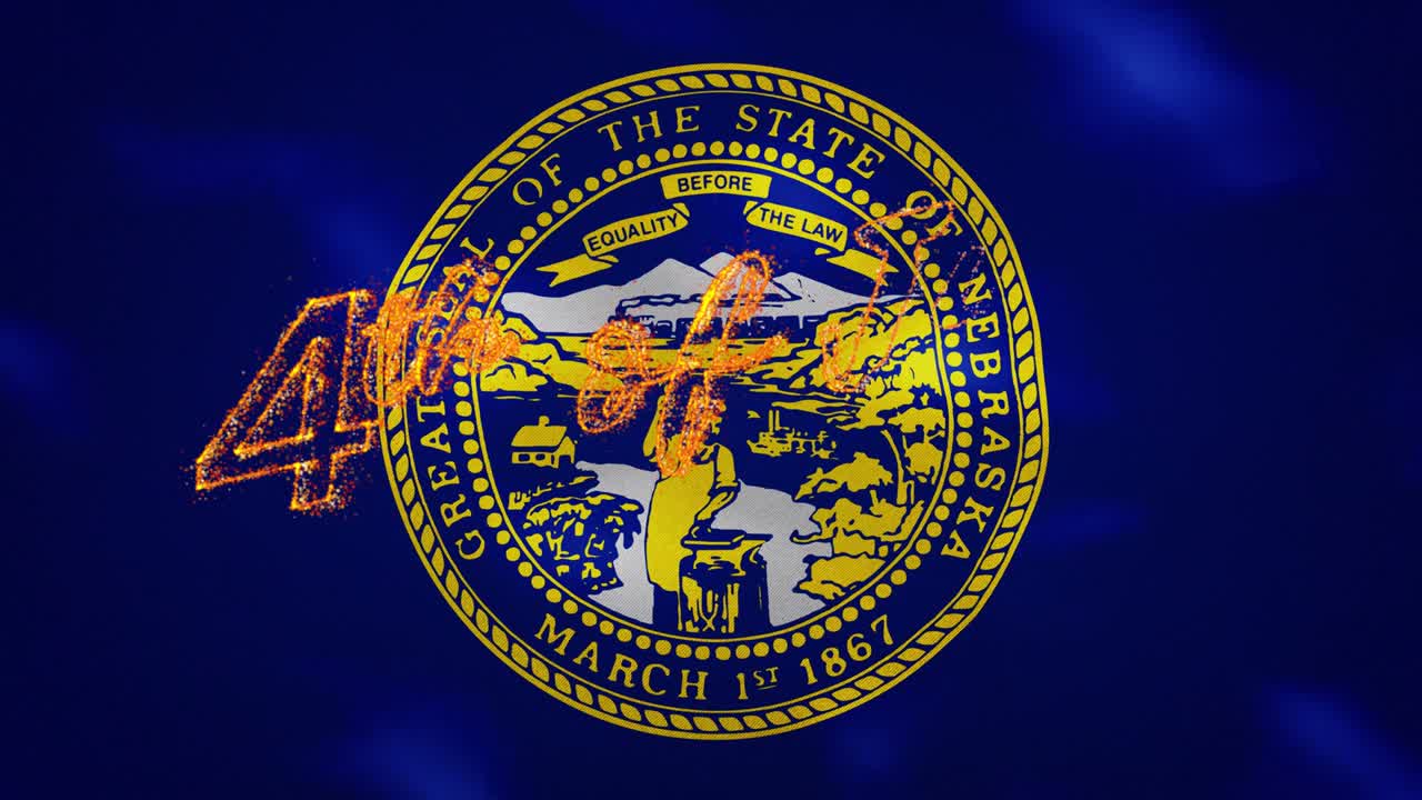 bandera de nebraska fondo para el 4 de julio fuego letras, bucle