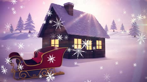 Animation-of-white-christmas-snowflakes-falling-over-snow-covered-house,-sleigh-and-landscape