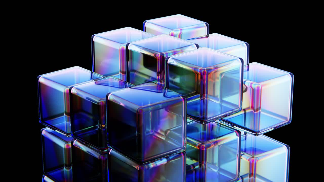 Dynamic Iridescent Glass Cubes on Black Background