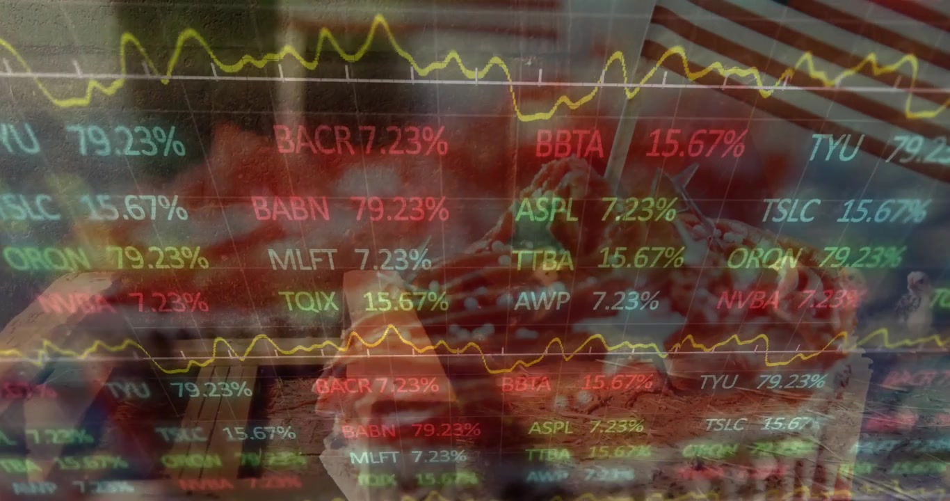 Renkli bir ticaret panosunun animasyonu, çiftlikteki civcivlerin üzerinde Amerika bayraklı kapkekler.