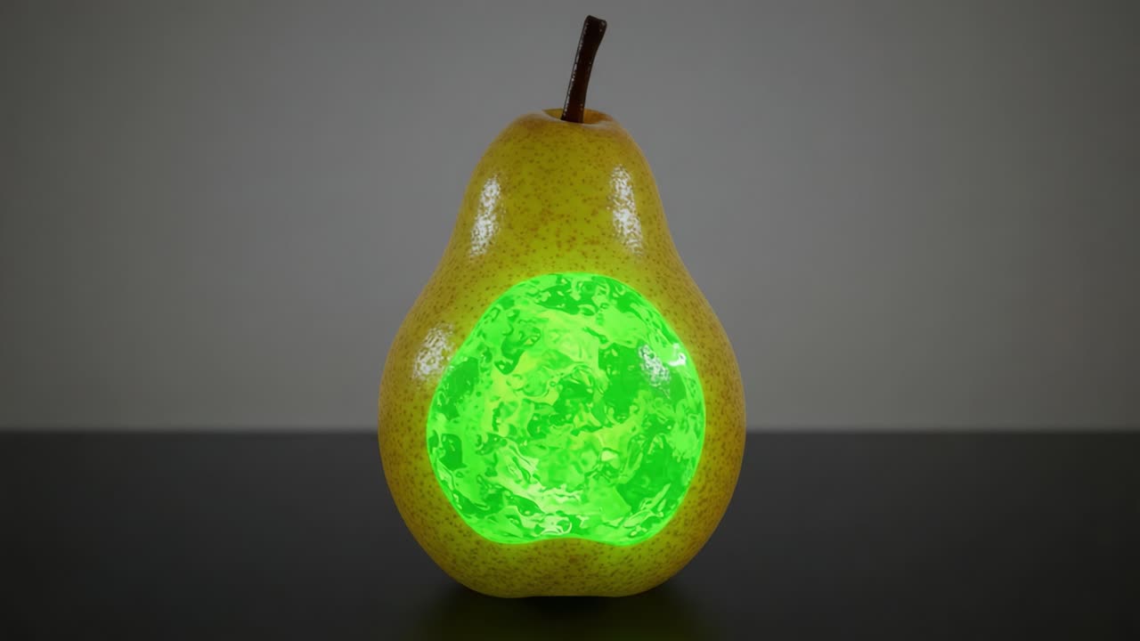 A Surreal Glow: A Pear with an Illuminated Green Core, Capturing a Unique Blend of Nature and Fantasy in Visually Striking Frames