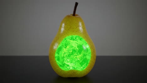 a surreal glow: a pear with an illuminated green core, capturing a unique blend of nature and fantasy in visually striking frames