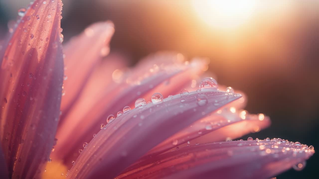 Visualizzazione macro di petali rosa-viola con messa a fuoco variabile, mentre il sole sorge e le gocce di rugiada catturano la luce solare