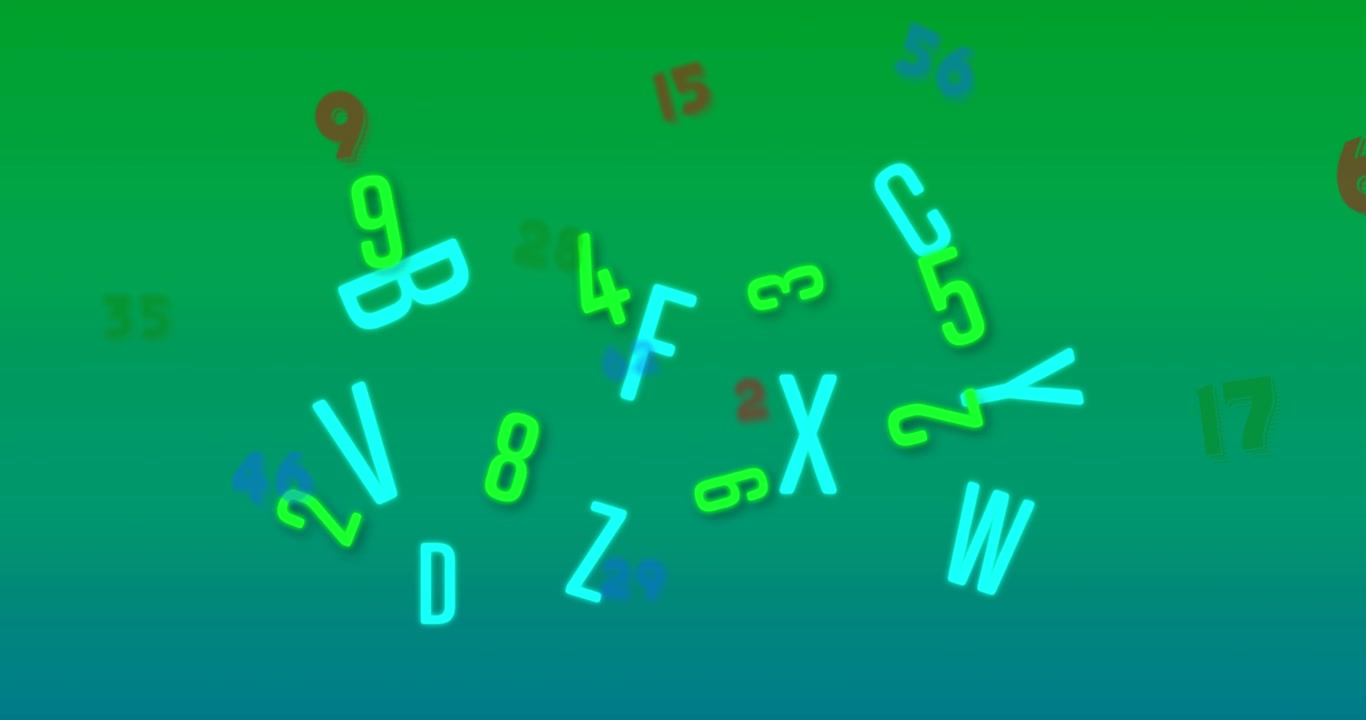 Lettere e numeri fluttuanti su uno sfondo sfumato verde
