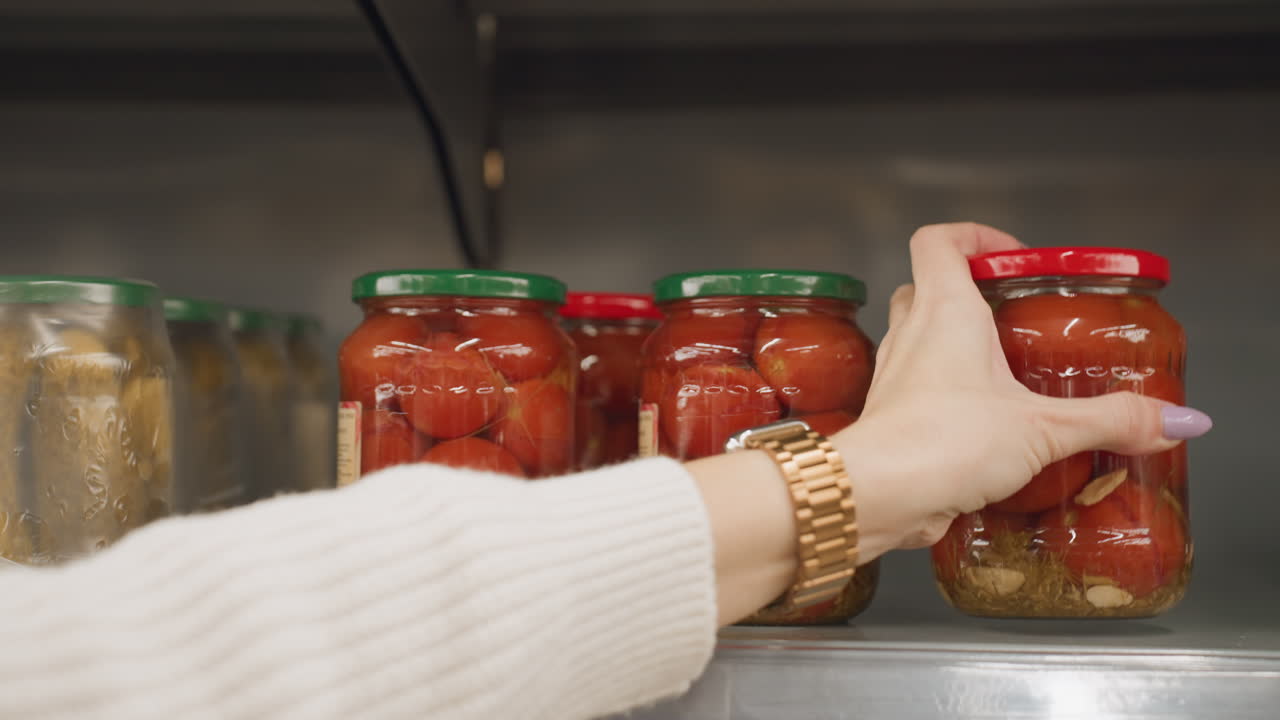 Close up of client hand stretching to take transparent glass jar of tomatoes from supermarket shelf rails in bright grocery aisle highlighting polished nails wrist watch and blurred retail background