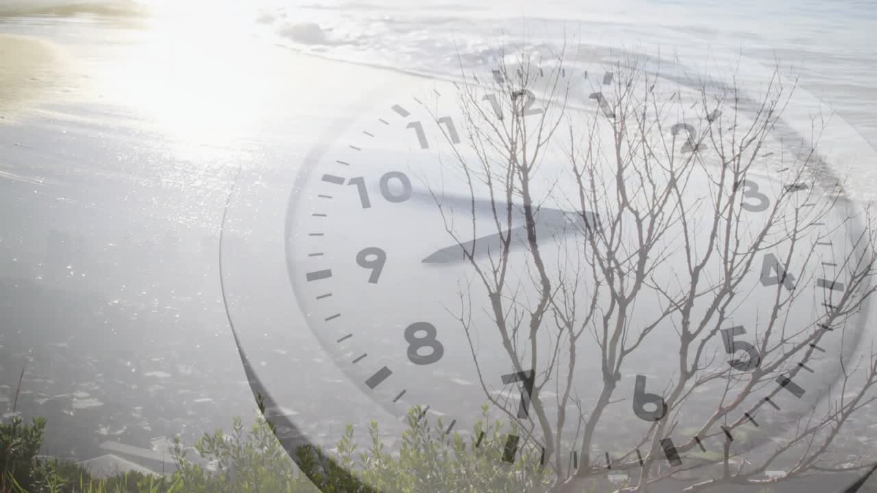 Sun glare causing translucent clock face rising over bluff, hands advancing, showing passing time