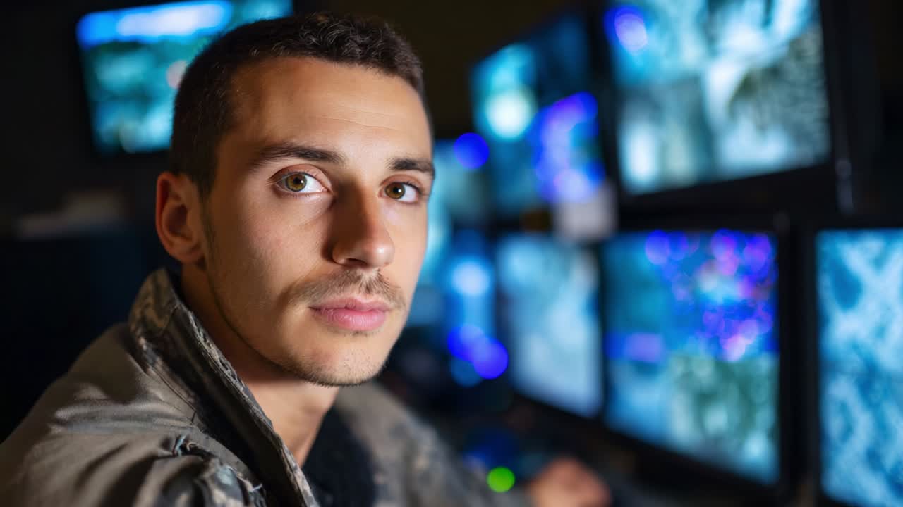 Focused and Engaged Male Operator Working in a High-Tech Control Room Surrounded by Multiple Monitors Displaying Complex Data and Imagery, Highlighting a Modern Surveillance or Analysis Environment