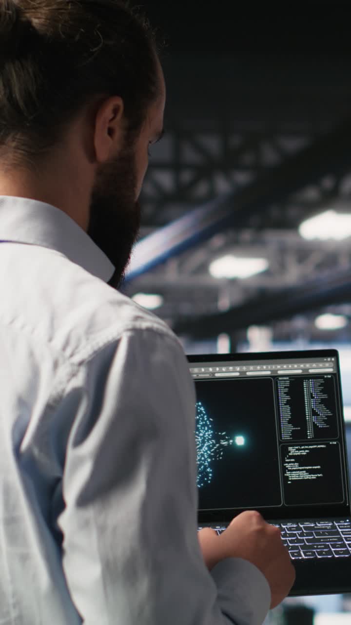 Vertical video Military units in high tech server hub overseeing AI computing operations