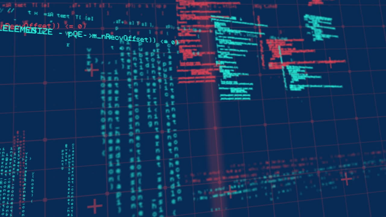 Animation of data processing over grid on blue background