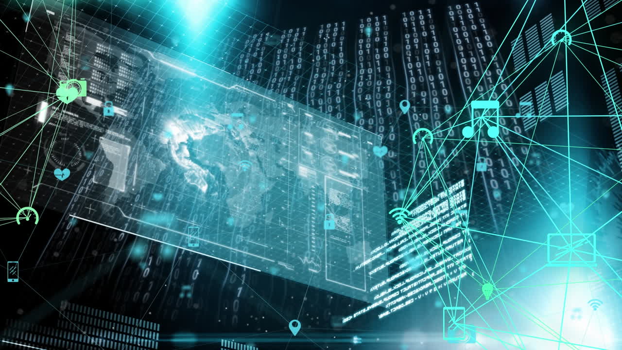 Animation of data processing and network of connections on black background