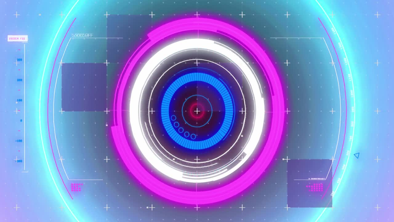 Animation of glowing blue and pink circles with scope on seamless loop