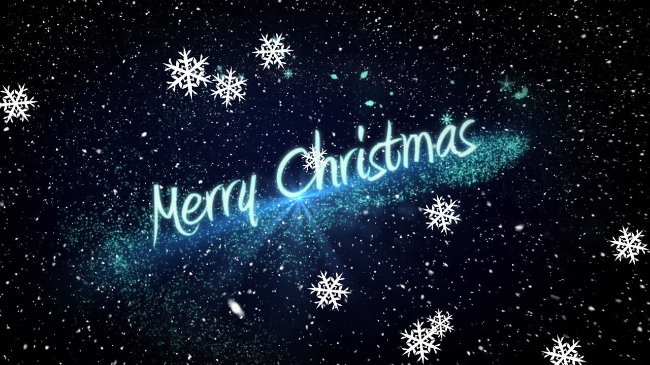 메리 크리스마스 텍스트 배너와 블루 라이트 스 위에 떨어지는 스노우플레이크의 애니메이션