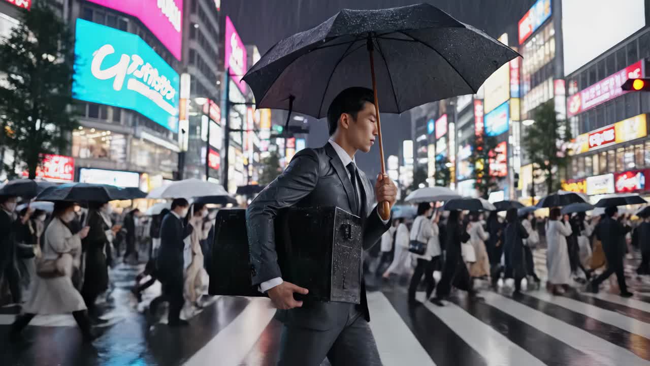 Man with Umbrella in Rainy City