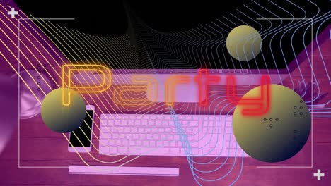 Animation-Von-Partytexten-In-Rotem-Und-Gelbem-Neon,-Kugeln-Und-Parallelen-Linien-über-Dem-Computer-Auf-Dem-Schreibtisch