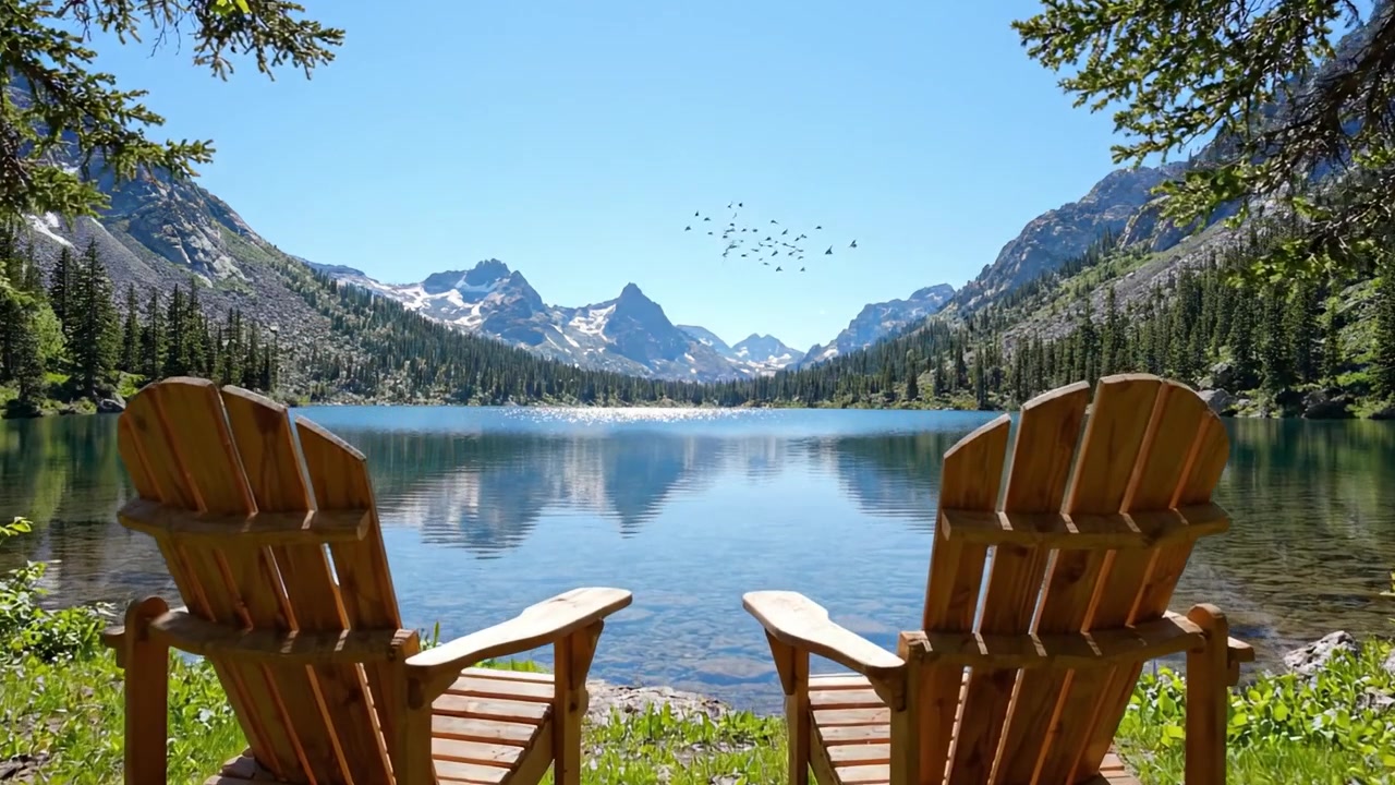 Tempat Peristirahatan yang Tenang: Dua Kursi Adirondack Menghadap Danau yang Damai Dikelilingi Pegunungan Megah dan Pepohonan Hijau Subur di Bawah Langit Biru Cerah