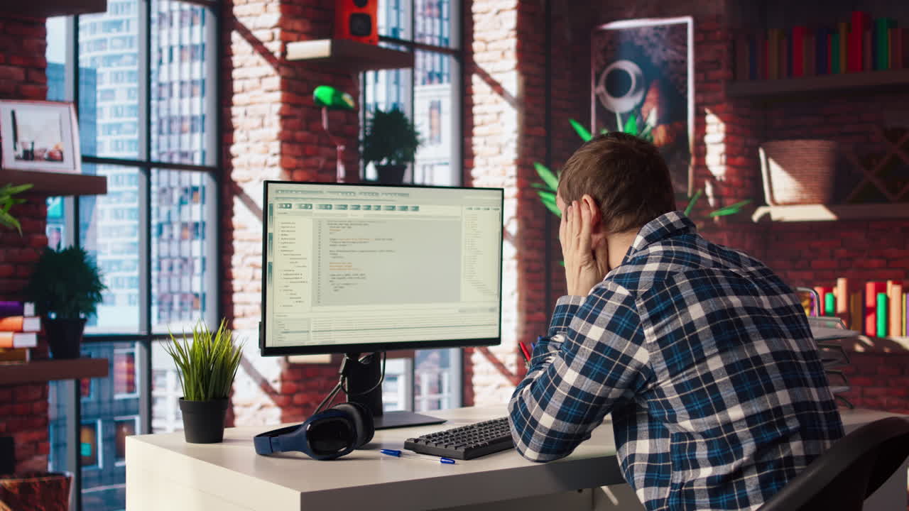 человек дома растягивает спину, глядя на ui на экране компьютера, чувствуя усталость