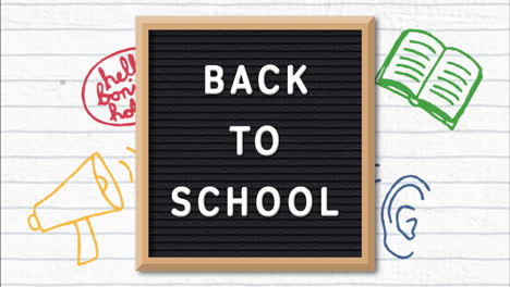 iconos del concepto de la escuela y bienvenido de vuelta al texto de la escuela contra el papel de línea blanca