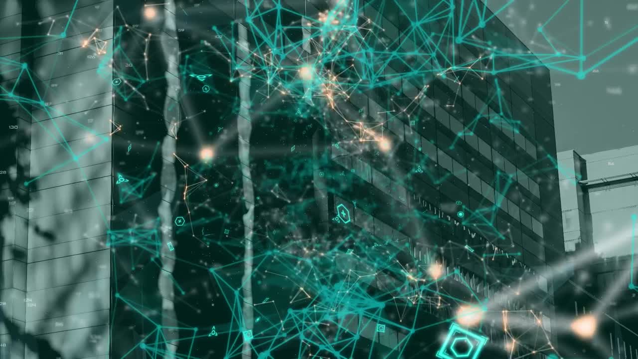 Animation of network of connections with icons over cityscape