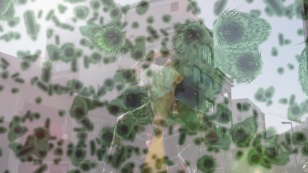 코로나 19 세포가 얼굴 마스크를 입은 여성을 가로질러 움직이는 애니메이션