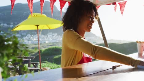 mulher afro-americana usando avental sorrindo enquanto limpava o caminhão de comida